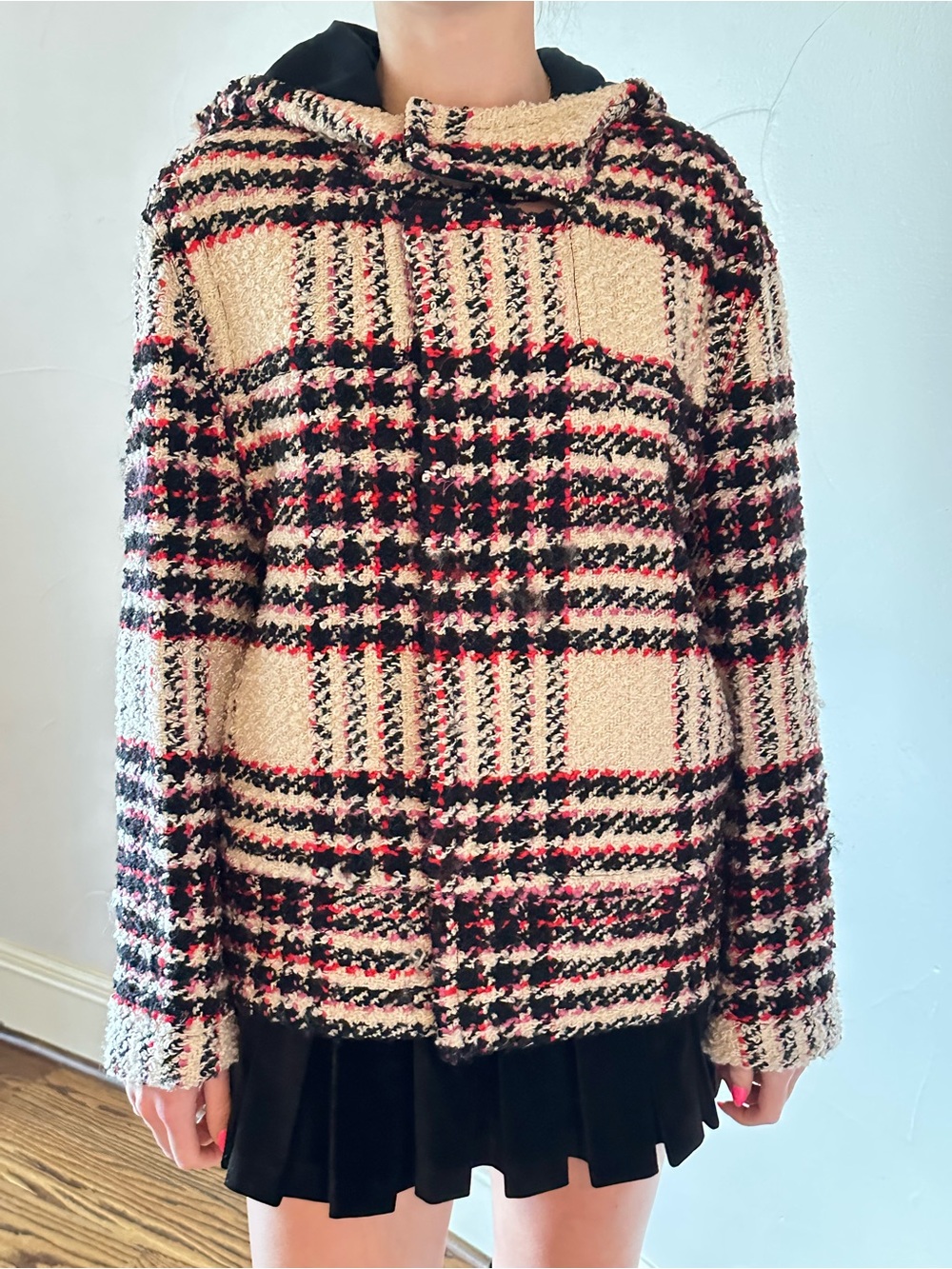 MARNI Plaid Bouclé Hooded Tweed Jacket Coat Wool Blend Multi Size 42🌸